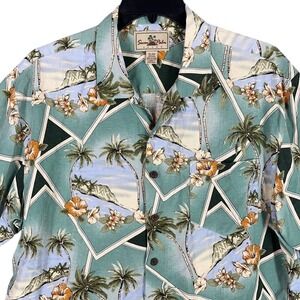Seven Palm Shirt‎ Mens XL Green Silk Hawaiian Palm Tree Hibiscus Resort Style